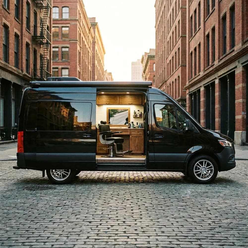 The Stallions van at dusk, side door open