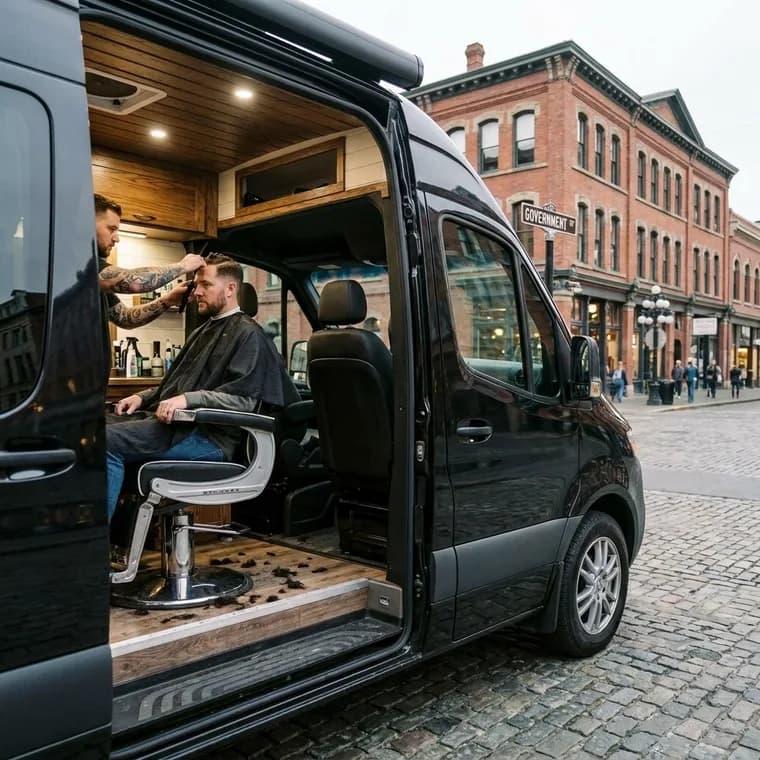A haircut in progress inside the van
