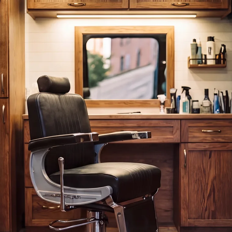 The barber chair and station inside the van