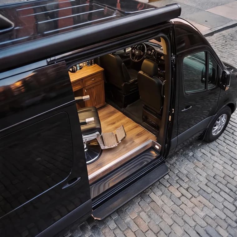 Looking into the van through the open door